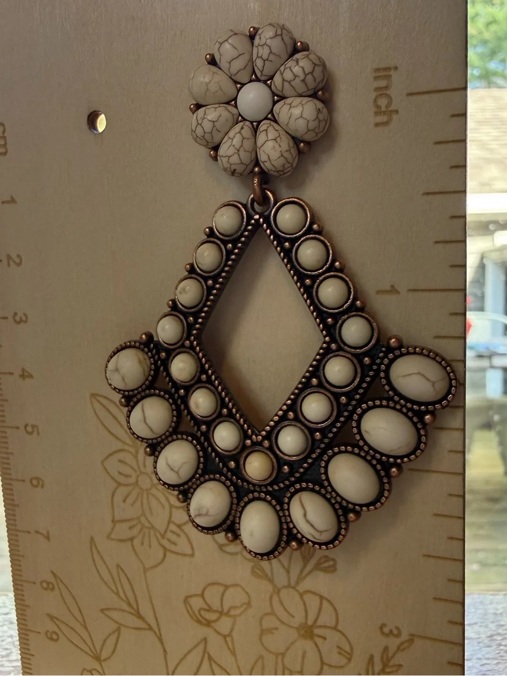 Boho Cream Stone Floral Drop Earrings - Picture 2 of 3